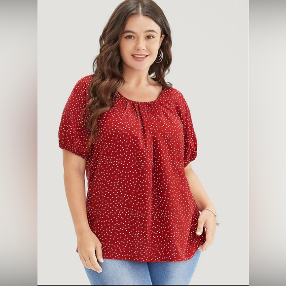 NWT- Bloomchic Polka Dot Pleated Round Neck Puff Sleeve Blouse - Picture 5 of 11